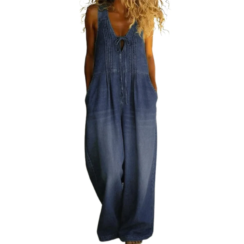 UOOZEE Women's Casual Daily Imitation Denim Jumpsuit 2026 New Sleeveless V-Neck Tie Front Pockets High Waist Wide Leg Jump Suits