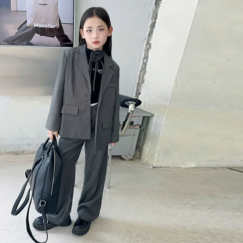 Suit for Girls Autumn 2024 New Fashion Grey Teen School Kids Clothes Set Blazer Trousers 2pcs Performance Outfit Formal Costumes