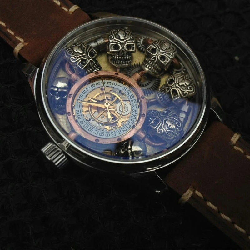 Baiqi Original Steampunk Watch, Croxin Sterling Silver Skull Watch, Fully Automatic Mechanical Personalized Watch