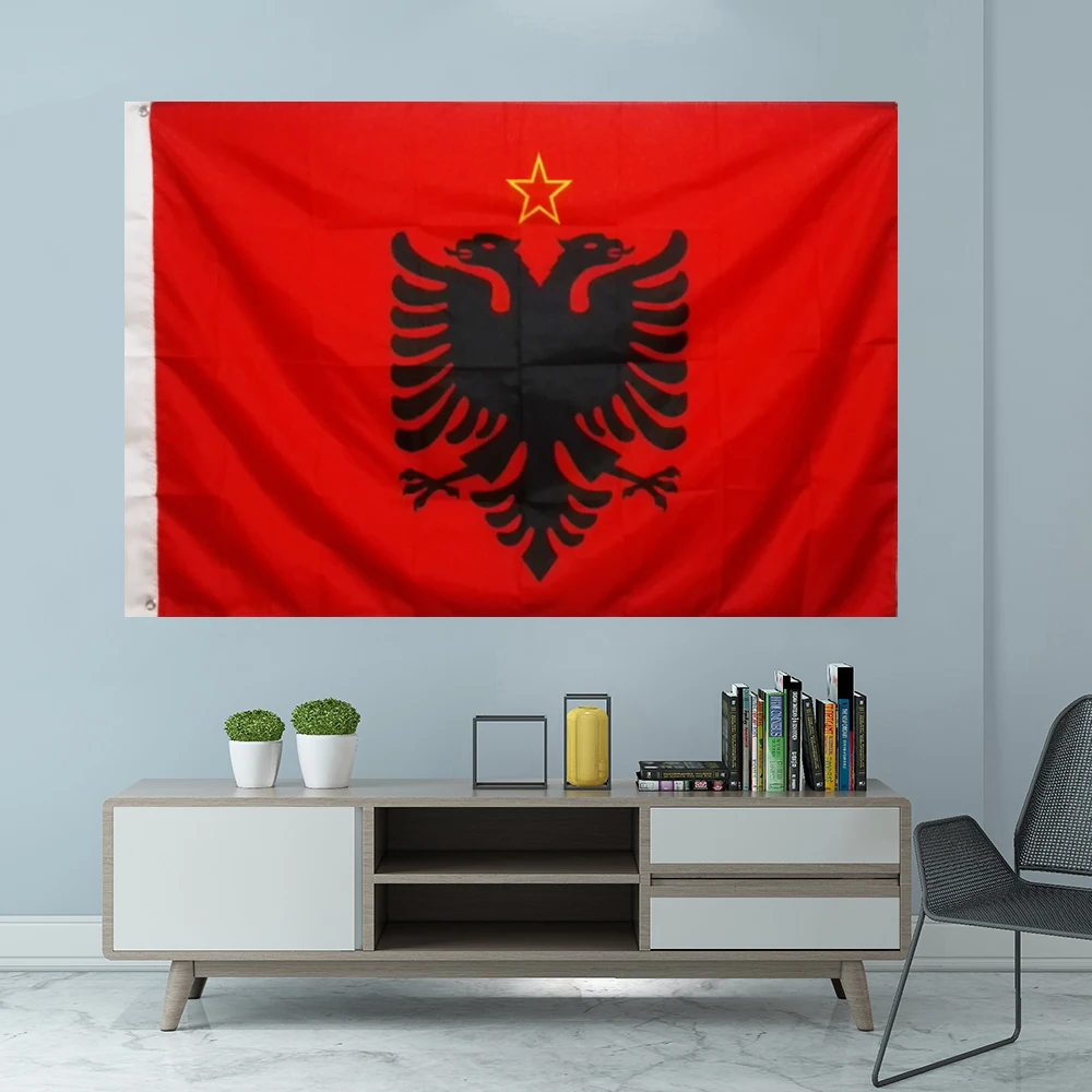 Republic Of Albania Ensign Flag Graphic Custom Printed Hanging Banner Party Sport Polyester Shaft Cover Grommets 3X5FT 90X150CM