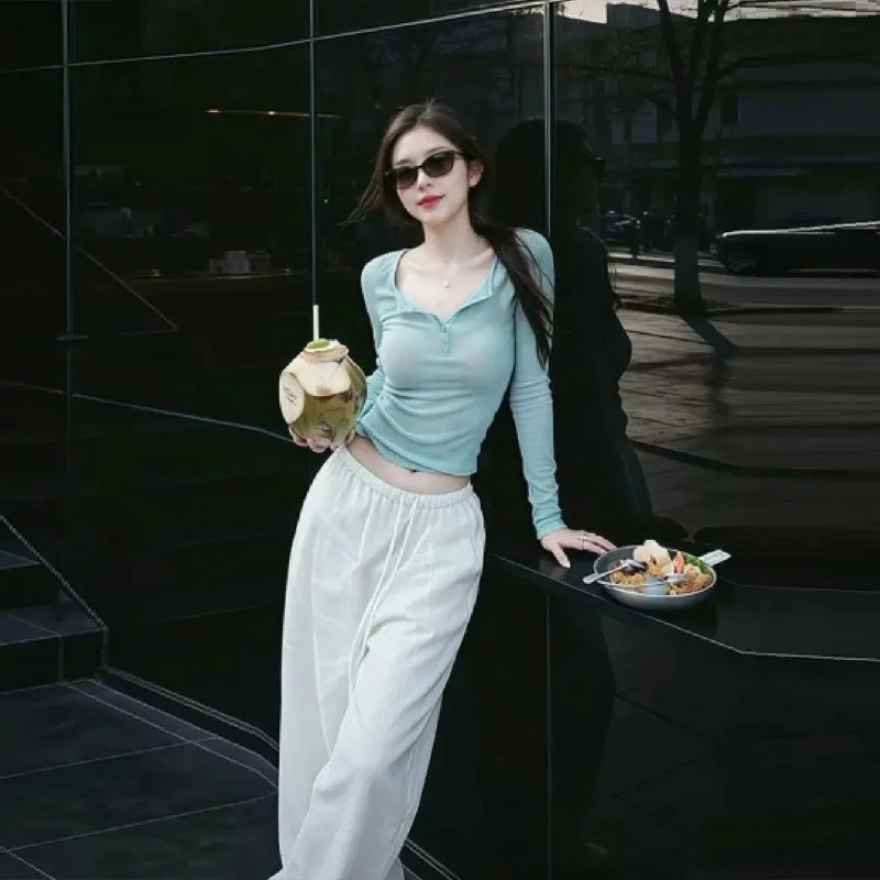 Coquette Half Placket Long Sleeve Top Women V Neck Ruched Slim Fit Crop Spring Basic Layering Tee