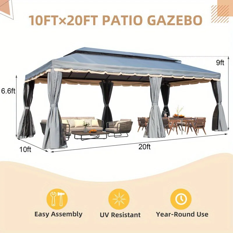 EROMMY Outdoor 10 ft x 20 ft Canopy Gazebo, Metal Gazebo with Netting and Curtains for Garden, Patio, Party Canopy, Gray view 2