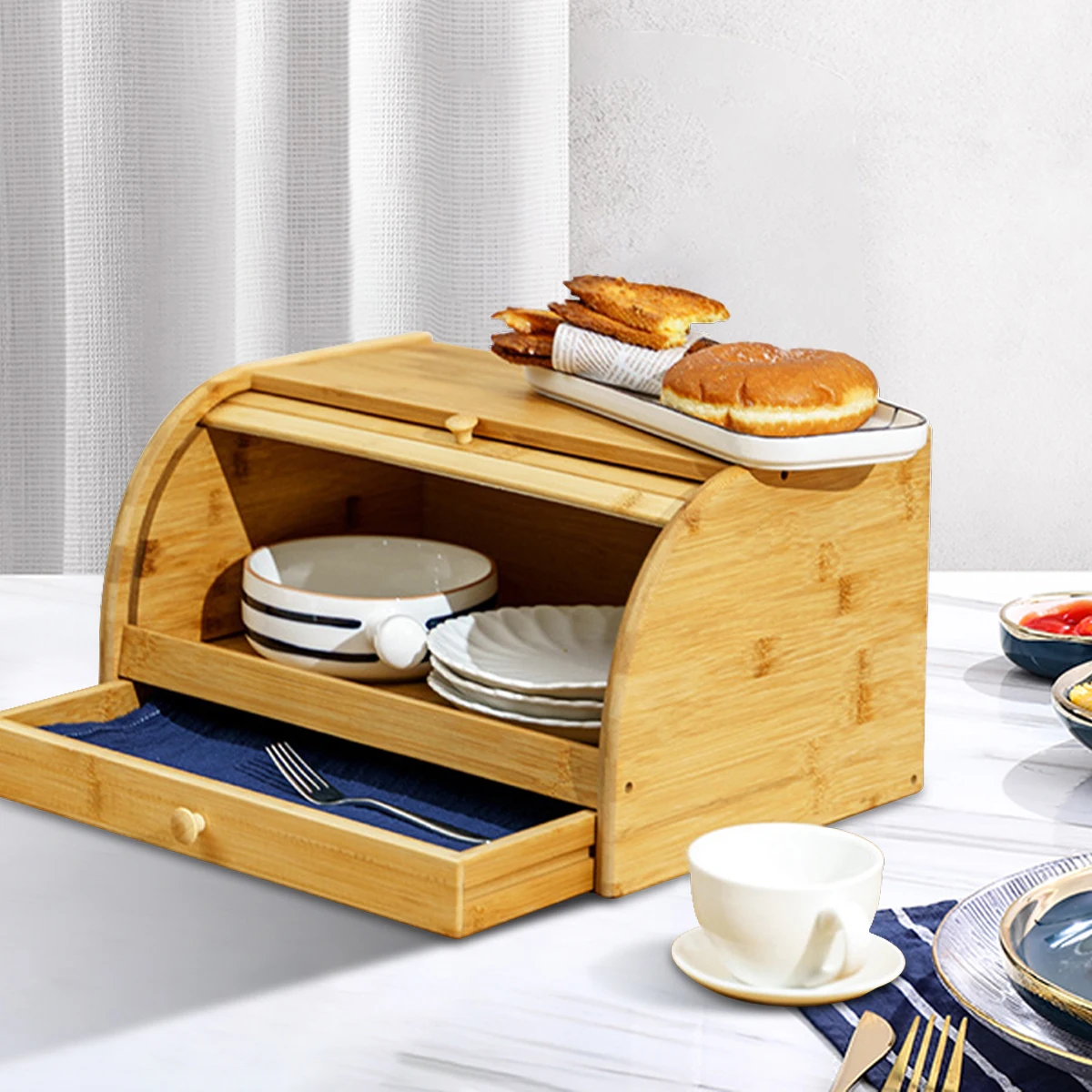 Premium Bamboo Bread Box, Wooden Large Capacity Milk Bread Storage And Organizer，With Drawer To Hold Cutlery, Double Layer Food