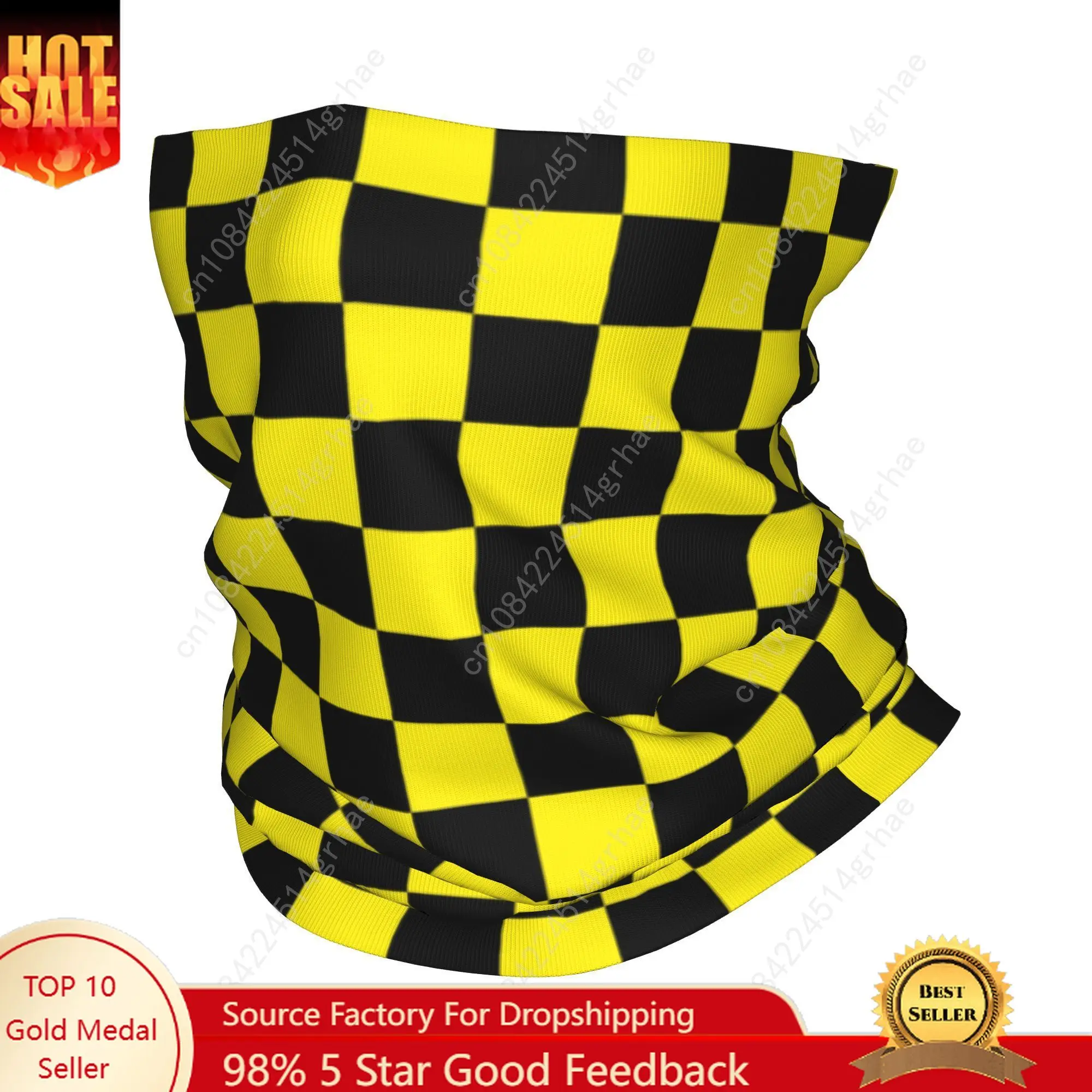 

Custom Black Yellow Checkered Bandana Neck Gaiter for Hiking Camping Men Women Wrap Scarf Plaid Headband Warmer