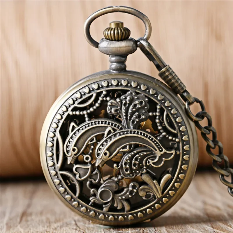 Bronze Hollow Out Dolphin Case Unisex Pocket Watch with Handwinding Mechanical Movement Arabic Numeral Dial Fob Pendant Chain