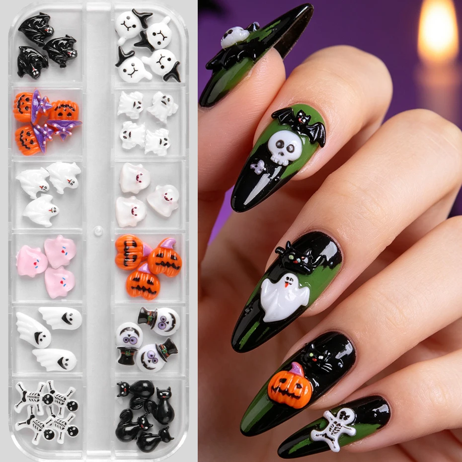 12 Grids Cartoon Halloween Resin Nail Charms Random Mixed Horror Ghost Pumpkin Clown Skeleton Flat‑Back Nail Art Decoration