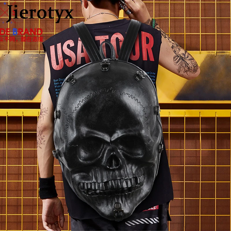 JIEROTYX-mochila gótica con calavera 3D para hombre y mujer, morral de viaje Punk con remaches Vintage, bolsas de ordenador, color negro