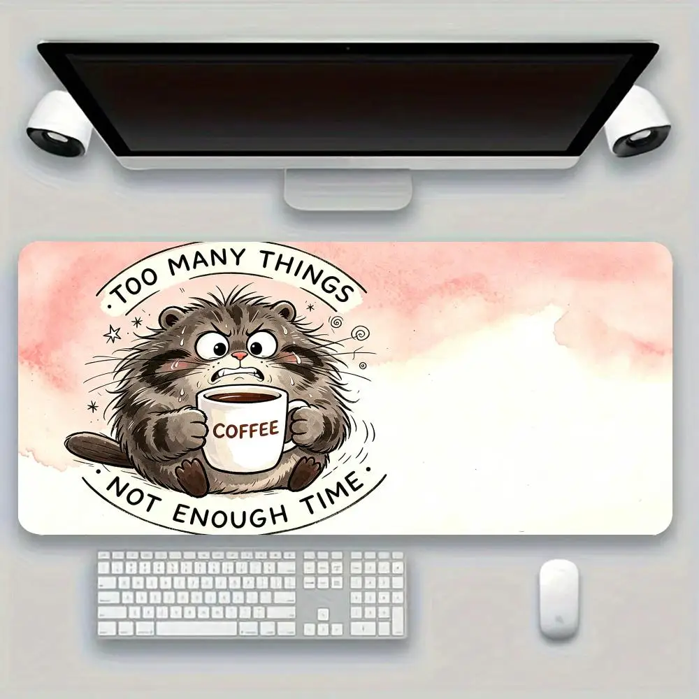Pink Watercolor Background Cat Drinking Coffee mousepad table mat large size game card pad office desktop  learning laptop