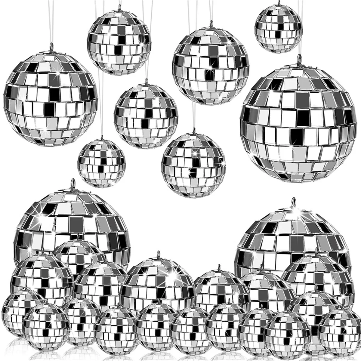Y67A 24 Pcs Mirror Disco Ball Hanging, Glass Disco Ball Decor, Disco Party Decorations, for Holiday Party Decor with Rope