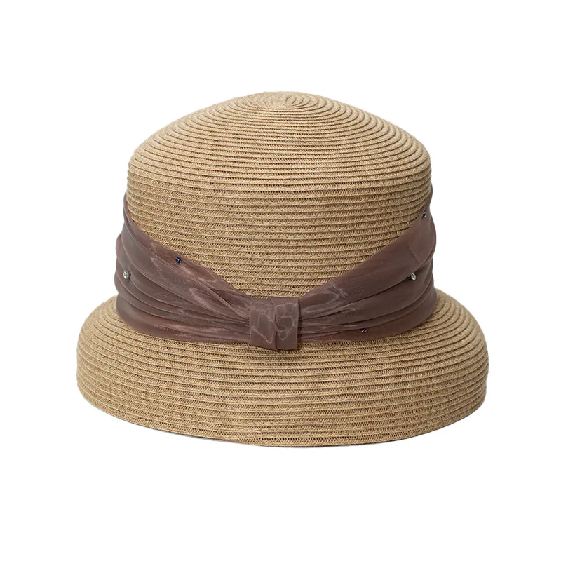 Foldable Fine Straw Brim Sun Hat,Organza Rhinestone Decor, Asymmetric Design Small Brim, Summer Beach Fishing Cap, UV Protection