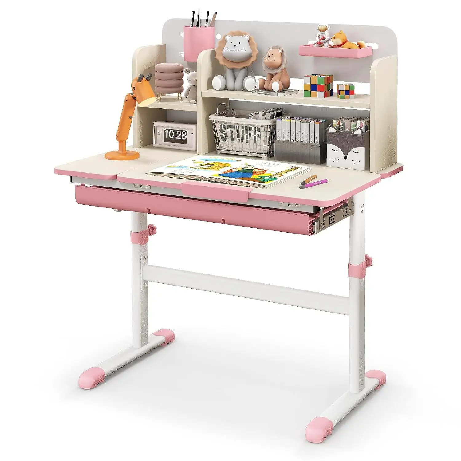 Kids Kids Study Desk w/ Tiltable Desktop, Height Adjustable Table w/ Bookshelf Drawer & Pen Holder, Student Workstation, Customized - Aliexpress Deal