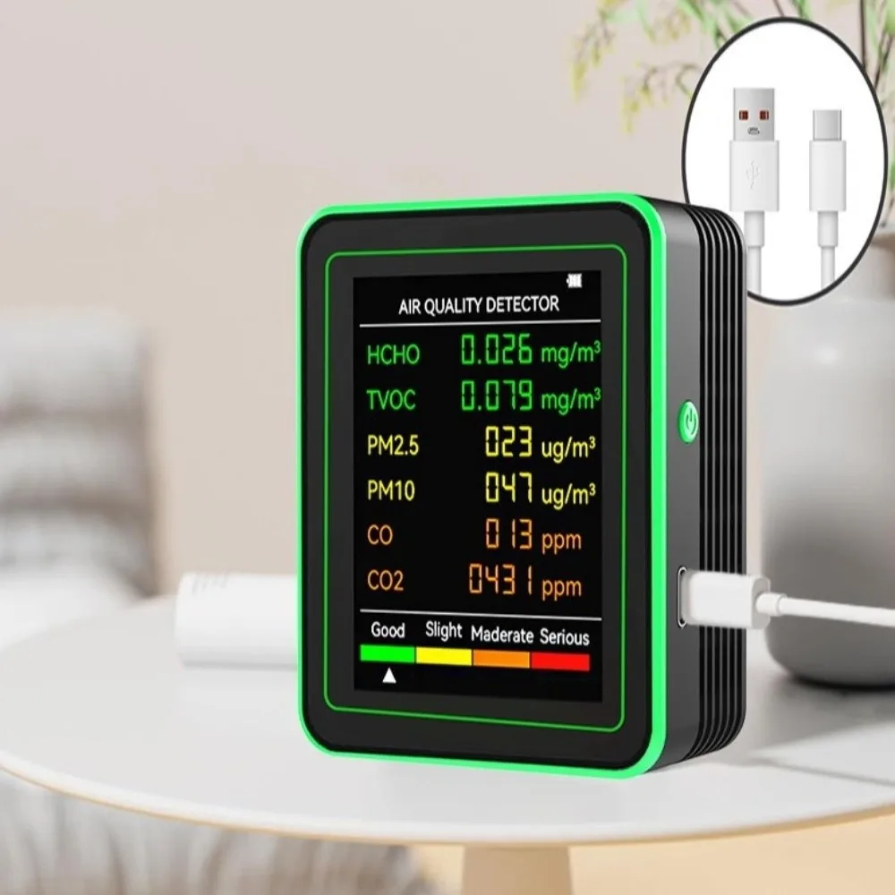 6 في 1 مراقبة جودة الهواء شاشة عرض أوتوماتيكية ذكية كاشف الهواء حساسية عالية شاشة كبيرة كاشف ثاني أكسيد الكربون