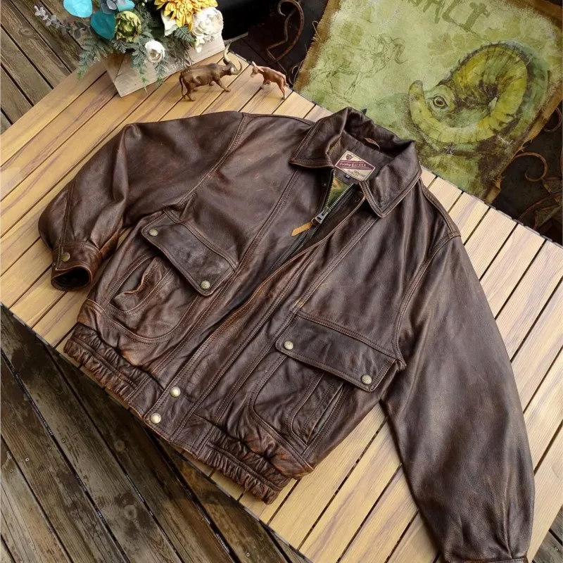 

Neutral style loose large heavily washed faded aged tea heart cowhide leather coat