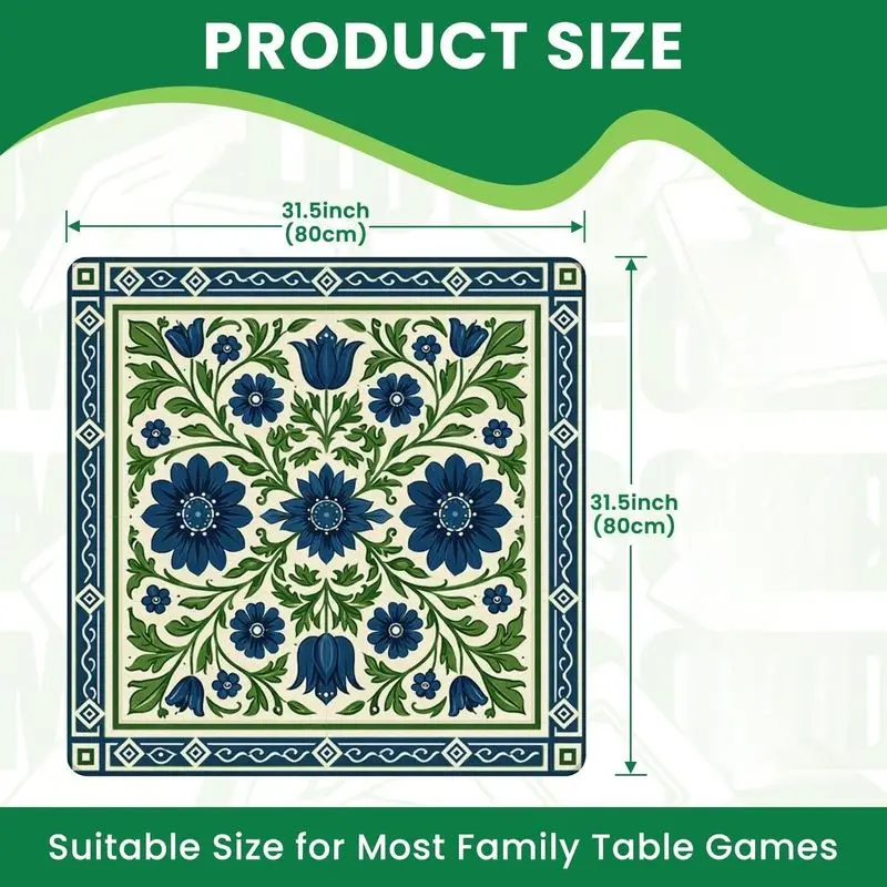 VIKAMA European Vintage Dark Blue Floral Mahjong Mat, Non-Slip Square Game and Card Table Mat, Home Table Decor