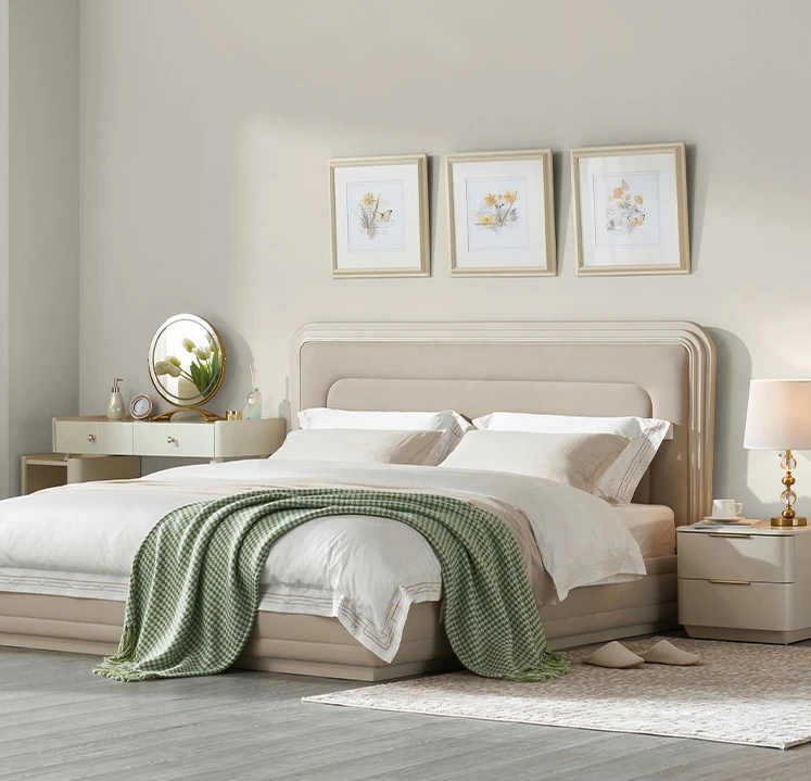 French Entry Lux Cream Style Leather Double Bed Modern Minimalist Bedroom Soft Bag Double Bed