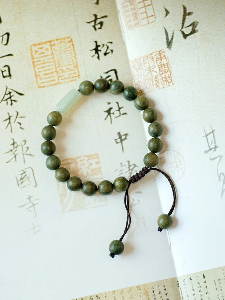 Green Sandalwood Buddha Beads Bracelet Hand-woven Rope Natural Hetian Jade Wooden Beaded Root Bracelets Handmade Mala Jewelry