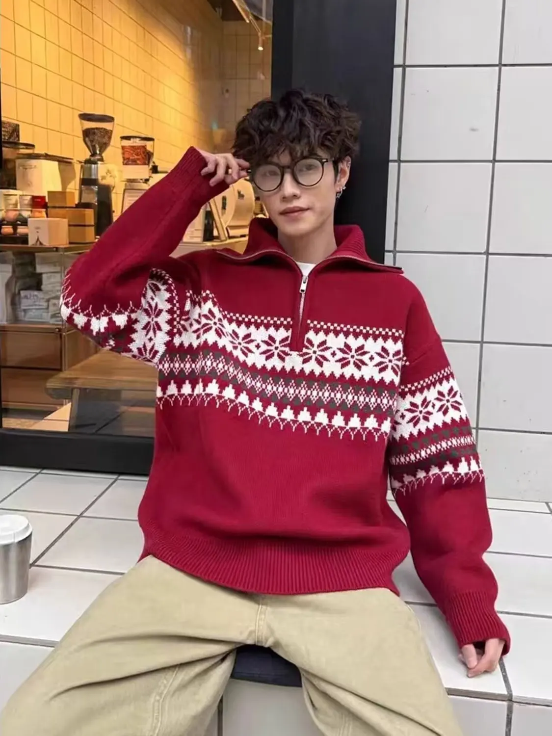 

American Casual Fair Isle f Zip Hoodie Red Knitwear Loose Fit Autumn Winter New Sle Casual Knitted Sweater Jaet for Men