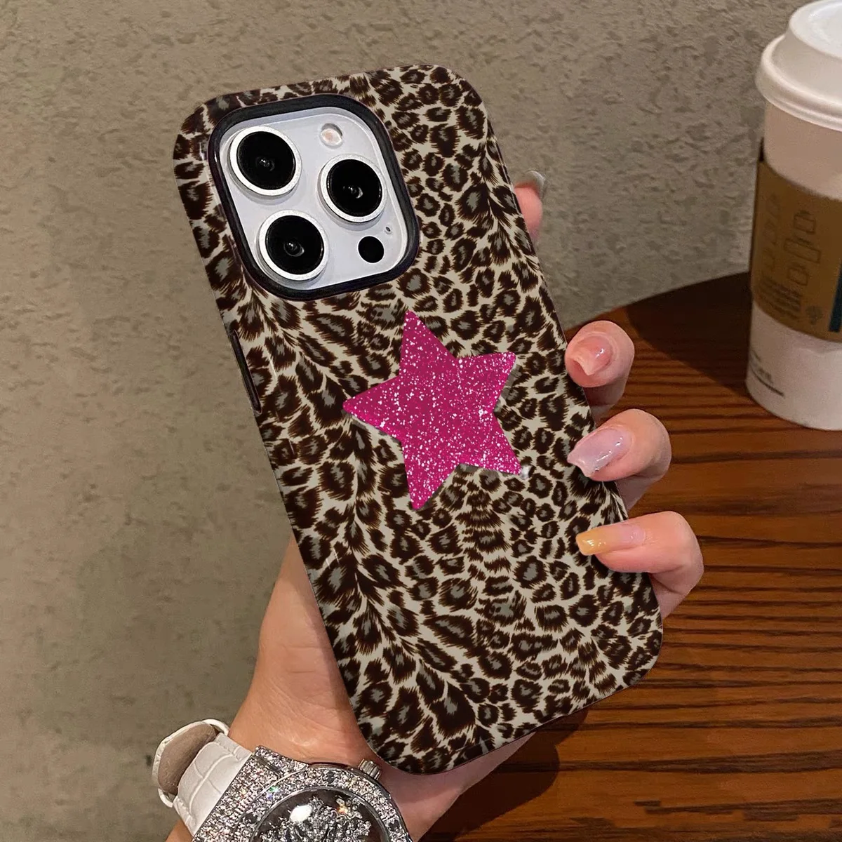 

Brown Leopard Print with Pink Stars Case for IPHONE 17 16ProMax 15 14 13 12 11 PRO Acrylic TPU Two in One Magnetic Phone Cases