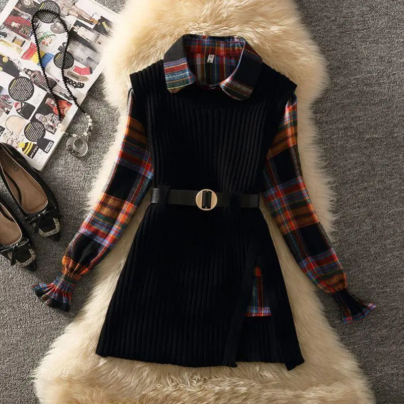 Women\'s Vintage Plaid Shirts Sweater Vest with Waistbelt Set Lady Autumn Winter Lucky Red Knit Tank Tops Blouse Outfits Knitwear
