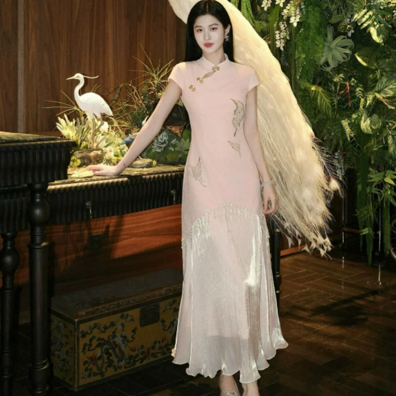 

Embroidered Luxury High-end Temperament Dress for Women 2026 Summer Chinese Style Butterfly Tassel Fake Two-piece Cheongsam