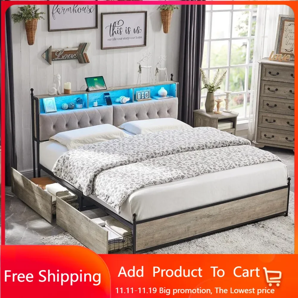 

Queen Bed Frame with Storage Upholstered Headboard and 4 Drawers, Farmhouse Metal Platform Bed w/LED Lights & Charging Station