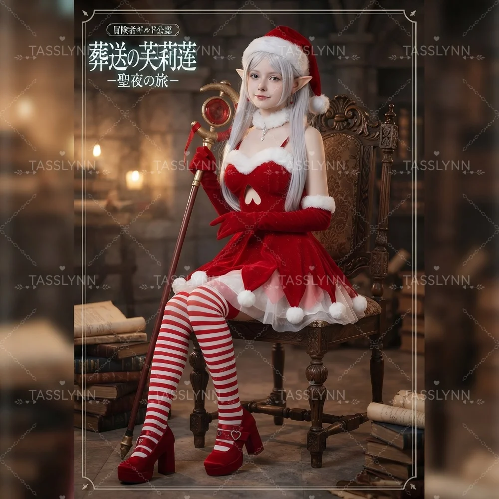 Disfraz de Navidad de Anime Frieren, disfraz de Frieren, vestido de terciopelo rojo de Navidad, conjunto completo con gorro de Papá Noel, guantes y calcetines para mujer
