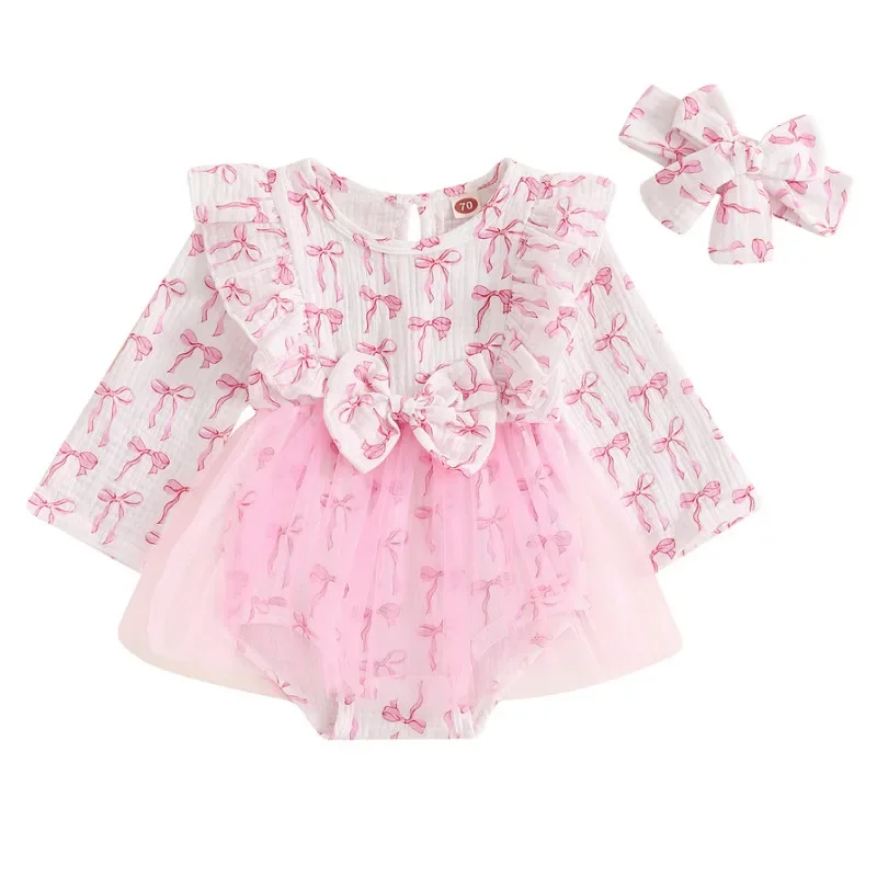 Baby Girl Bodysuit Bow Long Sleeve Crew Neck Tulle Skirt Hem Jumpsuit Headband Newborn Spring Autumn Clothes 0 to 18 Months