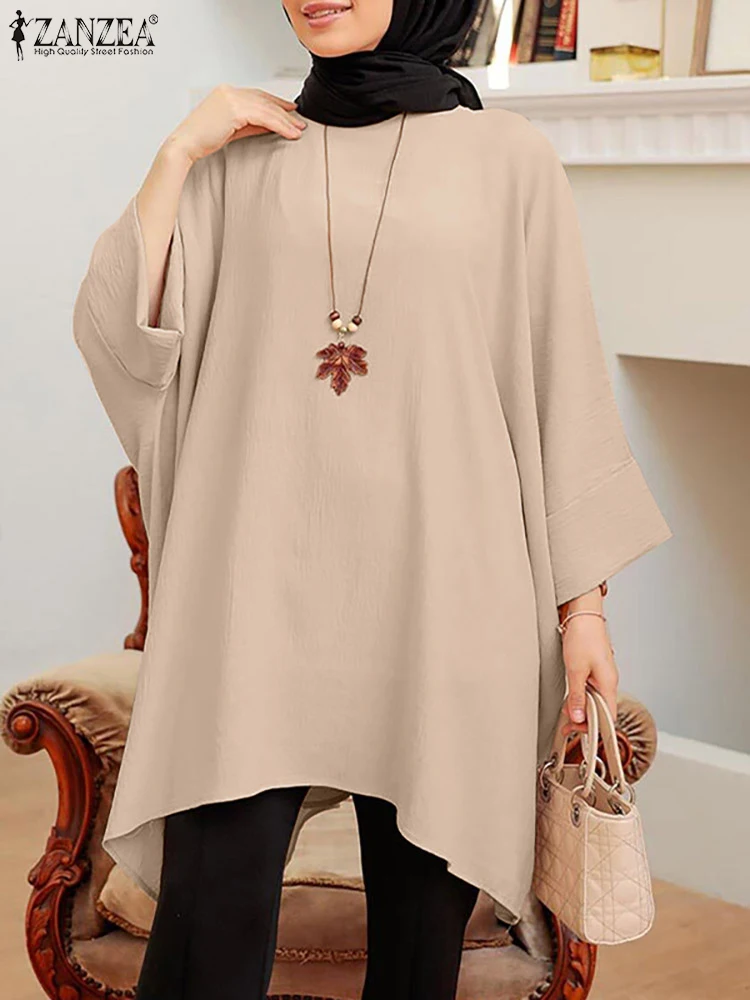 Women Fashion Long Sleeve Muslim Blouse ZANZEA Elegant Tunic Tops Solid Shirt Female Casual Loose Ramadan Abaya Turkey Blusas