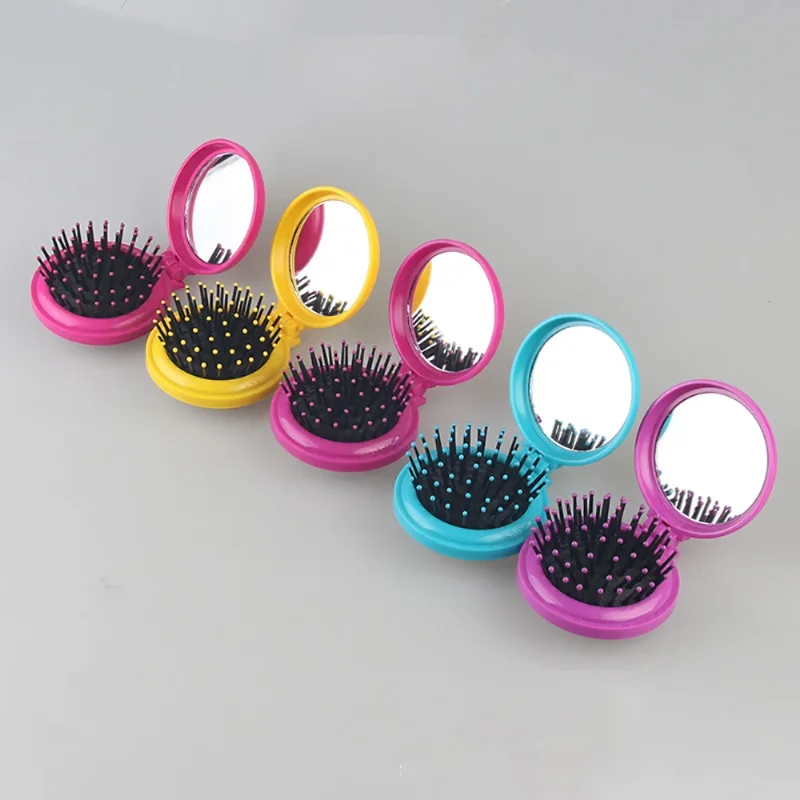 

Folding Round Pocket Comb with Mirror Mini Travel Airbag Detangling Hair Brush Portable Massage Combs Girls Hair Styling Tools
