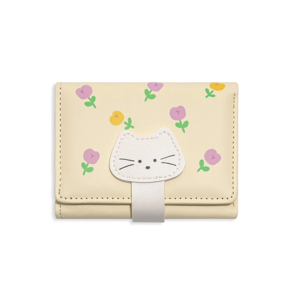 

Lovely Portable Flower Printed Wallet PU Leather Cute Short Leather Purse Multiple Card Card Pouch Three Fold Wallet Women
