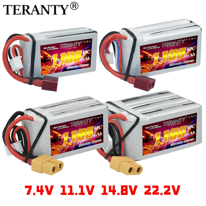 2 Stück TERANTY 2S 3S 4S 6S 7,4V 11,1V 14,8V 22,2V 1100mAh 80C mit T-Stecker für Quadcopter Unbemannte Luftfahrzeuge FPV Lipo-Akku