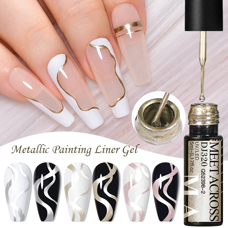 MEET ACROSS Metallic Gold Sliver Pink 5ml Liner Gel Nail Art Polish Painting Mirror Gel Graffiti Stripe Design Varnish DIY