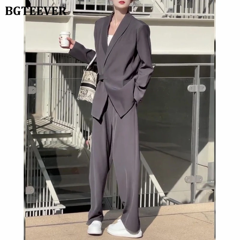 BGTEEVER Stylish Women Blazer Set Long Sleeve Lace-up Jackets & Wide Leg Trousers Suits Women Autumn Pant Suits Female Outfits