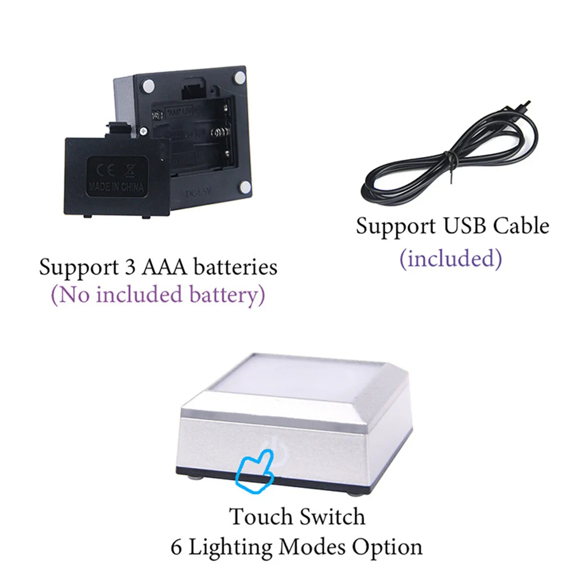 Touch Sensitive Multicolor Flash lamp holder Connect a USB Cable and Install Three Batteries Suitable for Crystal Ball and Cube