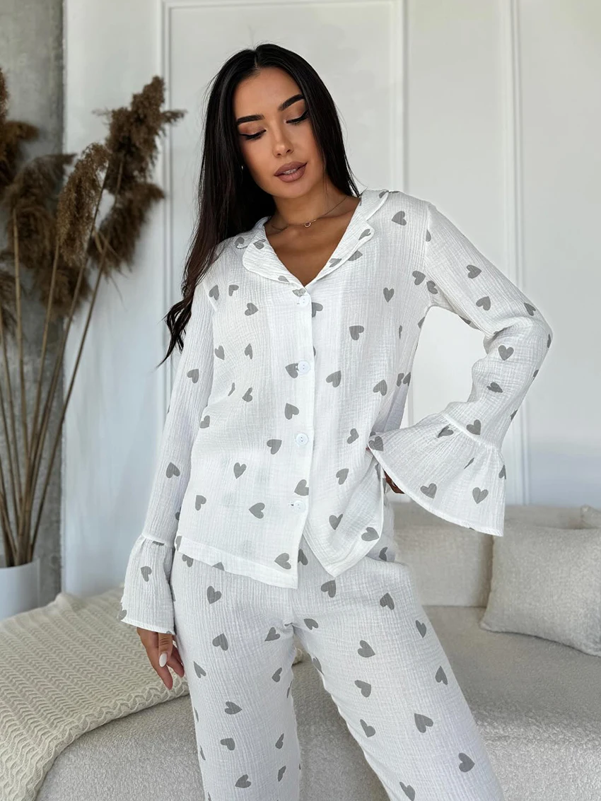 Marthaqiqi Cotton Women Nightwear Suit Long Sleeve Pajamas Turn-Down Collar Nightie Crop Top Sleepwear Pants Loose Nightgown Set