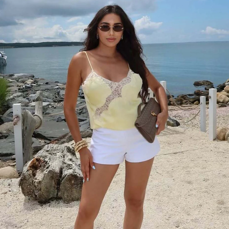 MUJER الأصفر الدانتيل أعلى امرأة غير المتماثلة بروتيل الصيف بلوزات بلا اكمام للنساء مثير عارية الذراعين أعلى الإناث الأشرطة المرأة قمم #6