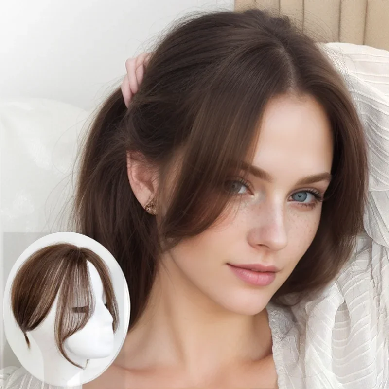 Satifresion 100 % Echthaar-Clip-in-Pony für Frauen, dünner werdendes Haar, 3D, natürlich, gebogen, dünner seitlicher Pony, gefälschte Fransen, einfach zu tragen – Detail 4