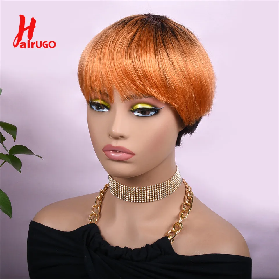 Ombre Orange Pixie Cut Wigs T1B/ORANGE Straight Human Hair Pixie Cut Wigs 180% Orange Full Machine Human Hair Wigs Hairugo