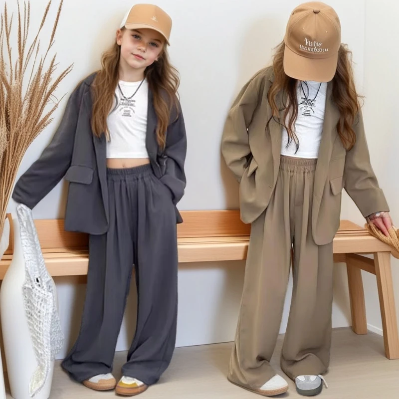 School Teens Girls Suit Spring Autumn Kids Boutique Clothes Set Simple Stylish Premium Blazer Trousers Two Pieces 5 To 13 Years