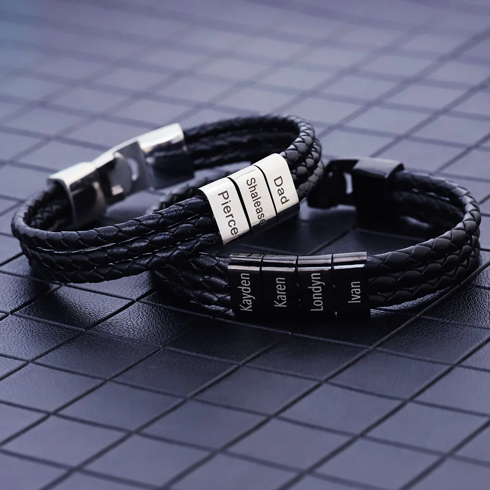 

Personalize Family Name Bracelets for Men Black Layered Braided Leather with Stainless Steel Charms Custom Christmas Gift