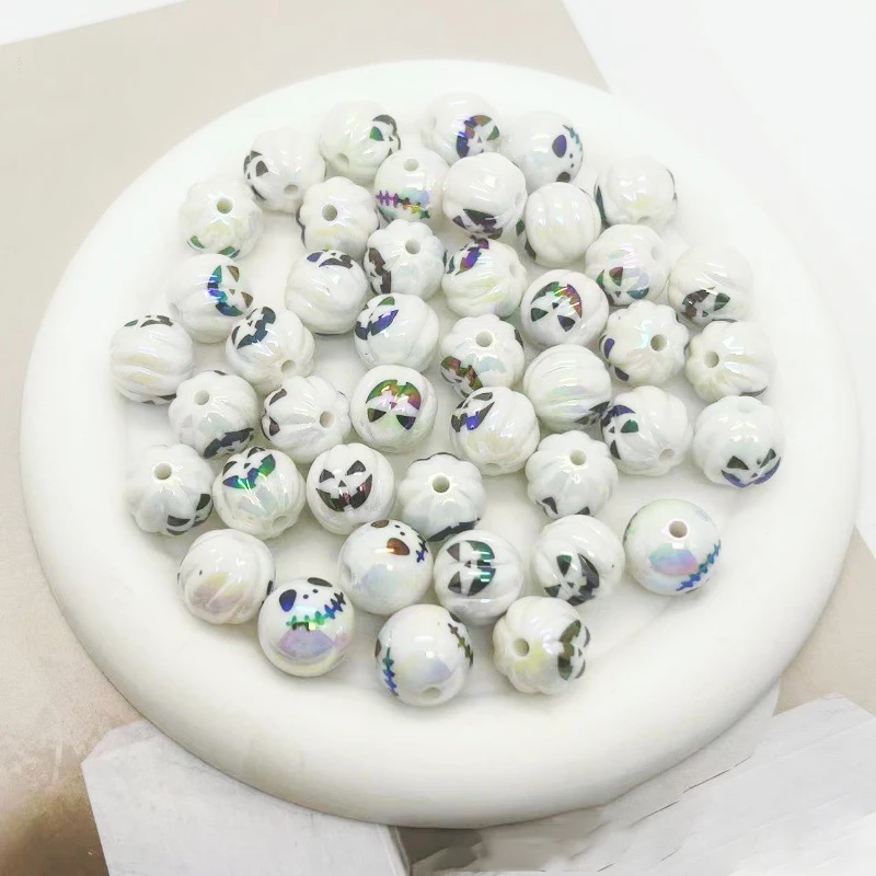 12 Stück Acryl perlen Halloween-Druck UV-Beschichtung gerade Loch runde Perlen DIY Perle Stift Telefon kette Schlüssel bund Zubehör