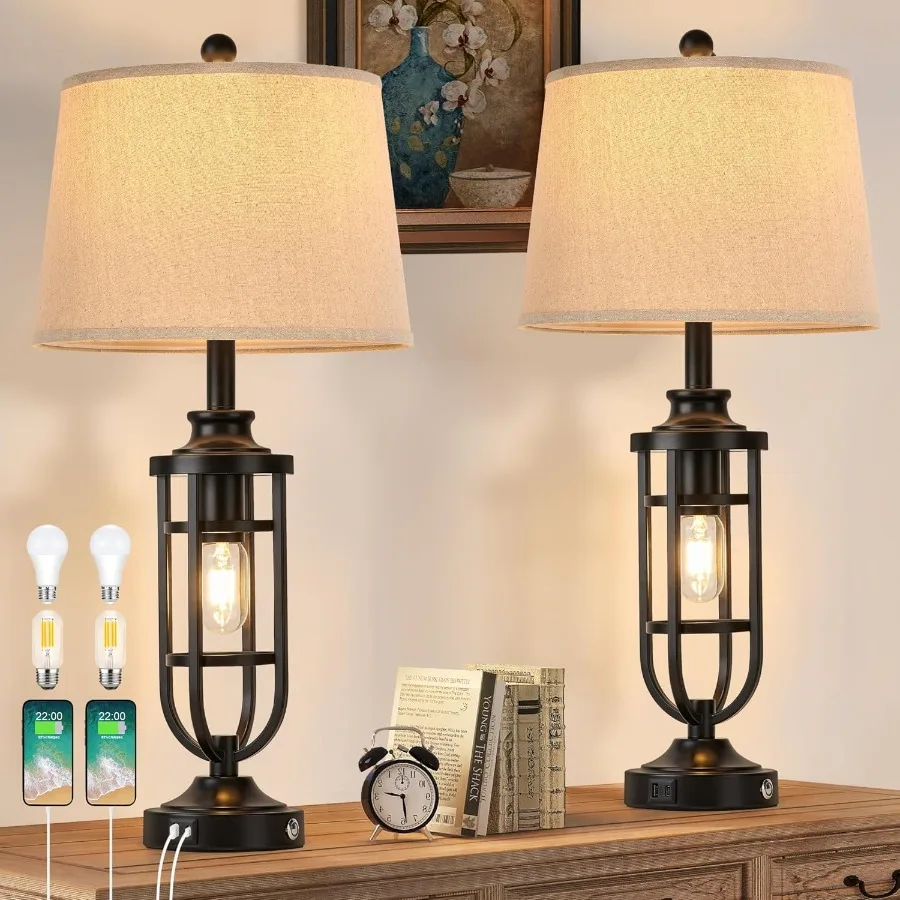 مصابيح طاولة مقاس 28 بوصة لغرفة المعيشة مجموعة من 2 مصابيح مزرعة للحوامل الليلية مع مصابيح بجانب السرير USB A + C لطاولات نهاية غرفة النوم