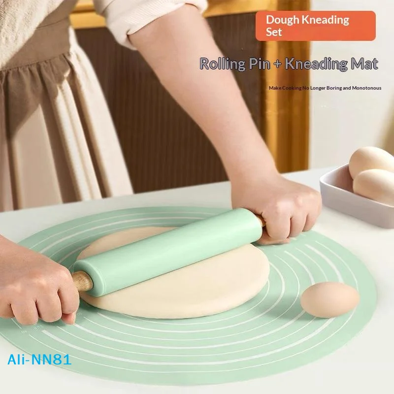 【N】2pcs/set Reusable Thickened Rolling Pin Pastry Mat Set Round Silicone Kneading Pad Househeld Pastry Baking Dough Mat