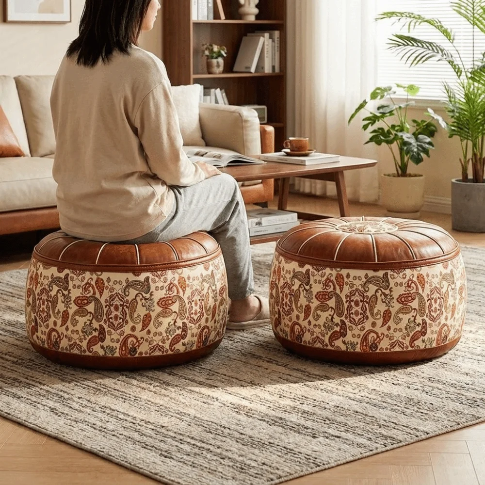 Multi-functional PU Leather Seat Cushion Cover Vintage Unstuffed Sofa Stool Cover Waterproof Folding Clothes Storage Bag Bedroom