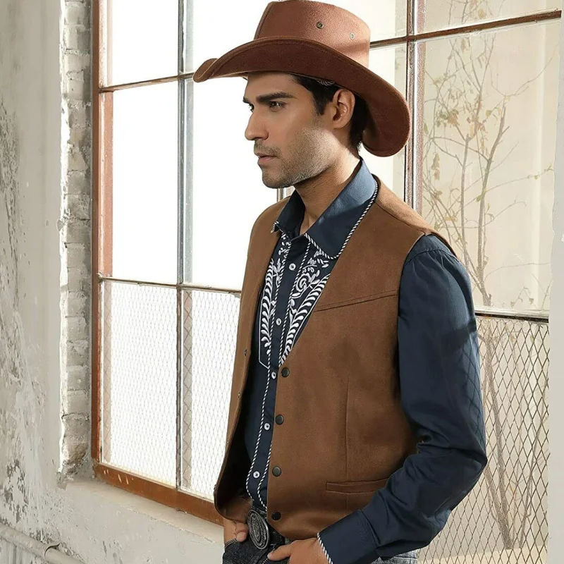 

Brown Men Vest Solid Suede Leather Casual Western Cowboy Waistcoat For Wedding Party Banquet Work Men Suit Vest