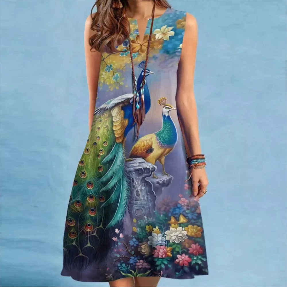 New Summer Dress For Women Casual Sexy Sleeveless V-neck Loose Mini Dress Elegant Peacock Print Beach Party Dress Women Sundress