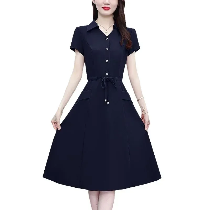 Women Loose Casual Pencil Vestidos Female 2024 New Summer Short Sleeve Knee-length Elegant Belt Midi Office Dresses Korean Robe