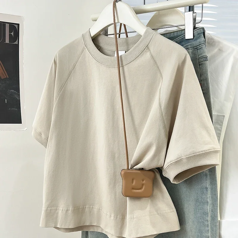 

Short Sleeve T-Shirt Women Loose Top Harajuku Leisure Solid Color T-shirt Simple Round Neck Pullover Versatile Tops
