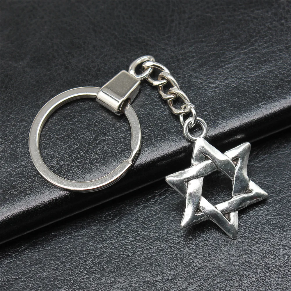 Souvenirs Gift DIY Metal Keychain Holder Antique Silver Color 25x34mm Star of David Pendant Keyring