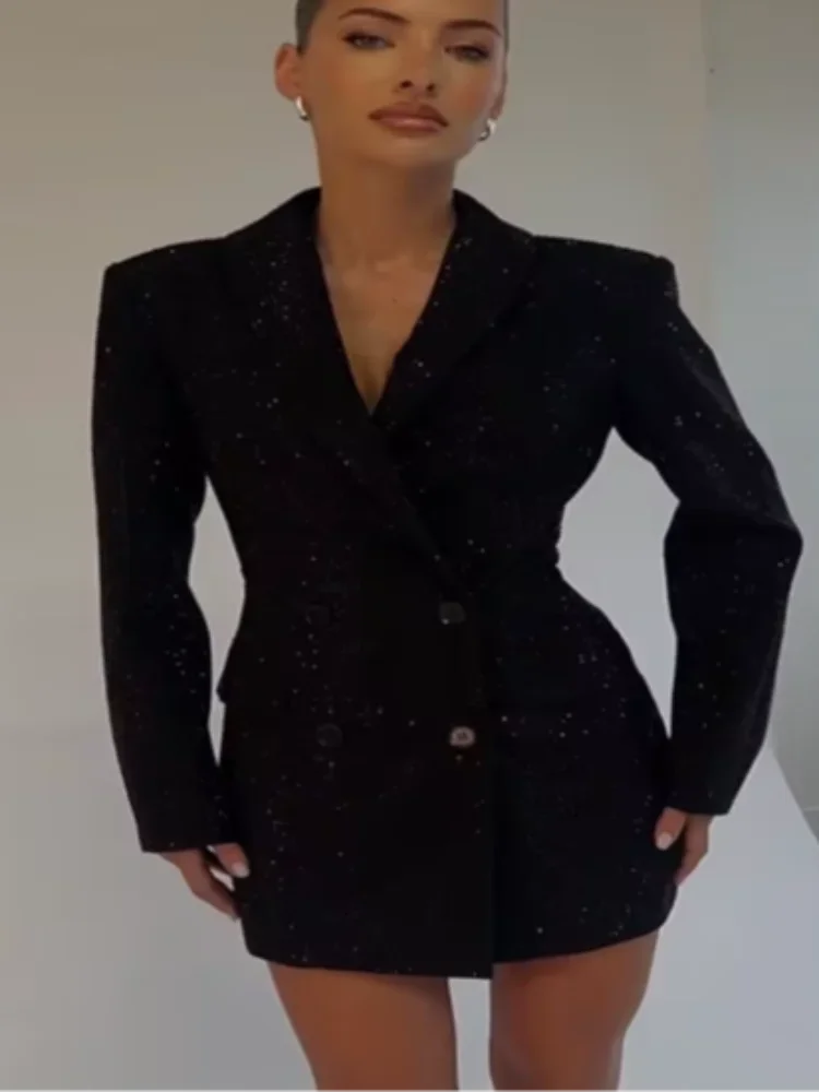 エレガントなスパンコール輝くブレザー風ラペルワンピース、シックなダブルブレスト、フルスリーブ、ポケット付きローブ、女性用、2026年春新作、パーティー、イブニングウェア